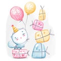 Charming kitty in a festive cap with balloons and a bunch of gifts. Children\'s cartoon illustration with colored pencils